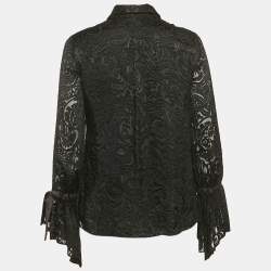 Alice + Olivia Black Fil-coupe Satin Button Front Shirt L