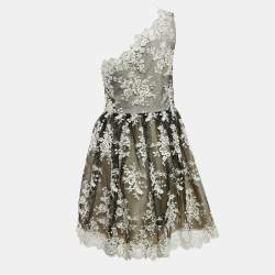 Alice + Olivia Black Embroidered Tulle One-Shoulder Mini Morganne Dress M