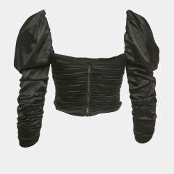 Alice + Olivia Black Silk Satin Ruched Puff Sleeve Katrice Top S