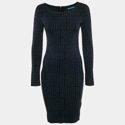 Alice + Olivia Blue/Black Patterned Wool Knit Knee-Length Dress M