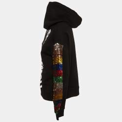 Alice + Olivia Jeans Black Cotton Knit Embellished Zip Front Hoodie M