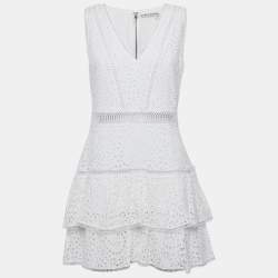 Alice + Olivia White Broderie Anglaise Modal Tiered Mini Dress L