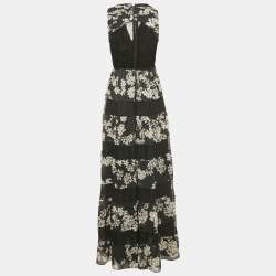 Pre Owned Alice + Olivia Black Floral Print Crepe Lace Detail Tiered Maxi Dress S