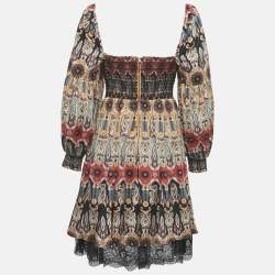 Pre Owned Alice + Olivia Multicolor Printed Crepe & Lace Detail Julissa Smocked Mini Dress S