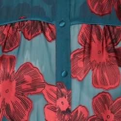 Pre Owned Alice + Olivia Teal/Red Chiffon Floral Print Ziggy Ruffle Long Sleeve Blouse S