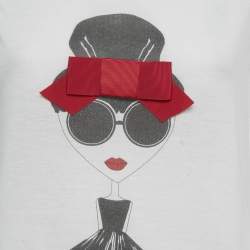 Pre Owned Alice + Olivia White Stace Face Print Bow Detailed Crepe T-Shirt M/L 