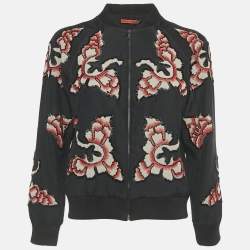 Pre Owned Alice + Olivia Black Embellished Silk Zip-Up Bomber Jacket XS