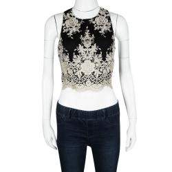 Pre Owned Alice + Olivia Black Floral Embroidered Mesh Tru Crop Top M
