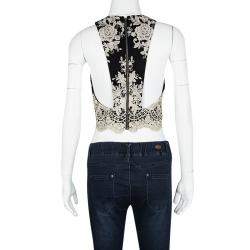 Pre Owned Alice + Olivia Black Floral Embroidered Mesh Tru Crop Top M