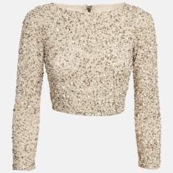 Pre Owned Alice + Olivia Beige Embellished Mesh Zip -Up Crop Top S