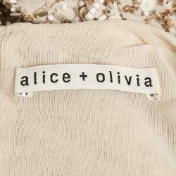 Pre Owned Alice + Olivia Beige Embellished Mesh Zip -Up Crop Top S