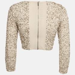 Pre Owned Alice + Olivia Beige Embellished Mesh Zip -Up Crop Top S