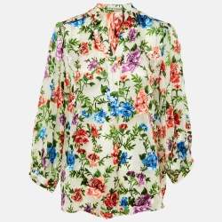 Pre Owned Alice + Olivia Cream Floral Devore Mandarin Collar Top XL