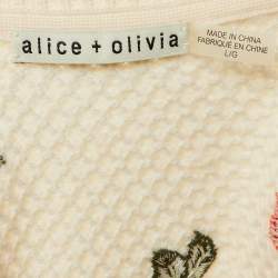 Pre Owned Alice + Olivia Cream Floral Intarsia Wool Puff Sleeve Kitty Cardigan L