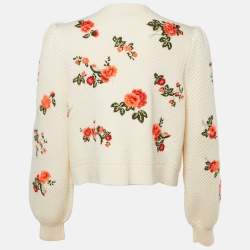 Pre Owned Alice + Olivia Cream Floral Intarsia Wool Puff Sleeve Kitty Cardigan L