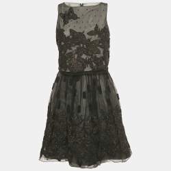 Pre Owned Alice + Olivia Black Embroidered Embellished Mesh Top & Skirt Set S
