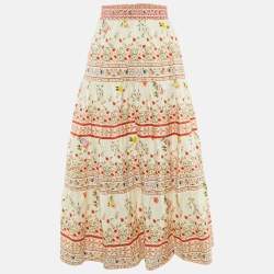 Pre Owned Alice + Olivia Beige Floral Print Linen & Cotton Tiered Melony Midi Skirt L  