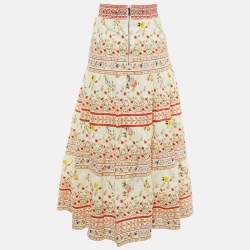Pre Owned Alice + Olivia Beige Floral Print Linen & Cotton Tiered Melony Midi Skirt L  