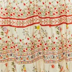 Pre Owned Alice + Olivia Beige Floral Print Linen & Cotton Tiered Melony Midi Skirt L  
