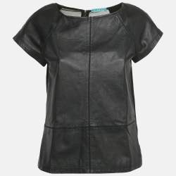 Pre Owned Alice + Olivia Black Leather and Chiffon Top M