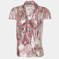 Pre Owned Alice + Olivia Metallic Pink Flora Print Lurex Knit Neck Tie Top M