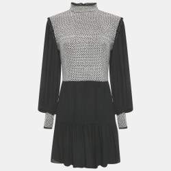 Pre Owned Alice + Olivia Black Embroidered Detail Crepe Elvira Tiered Mini Dress M