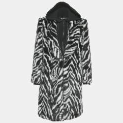 Pre Owned Alice + Olivia Black /White Animal Print Faux Fur Detachable Hood Coat M