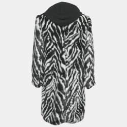 Pre Owned Alice + Olivia Black /White Animal Print Faux Fur Detachable Hood Coat M