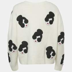 Pre Owned Alice + Olivia White Girl Applique Stretch Knit Sweater M