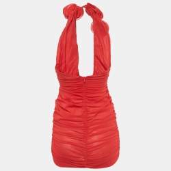 Pre Owned Alice + Olivia Red Silk Ruche Strapless Cut-Out Mini Dress XS