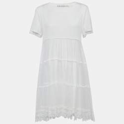 Pre Owned فستان آليس + أوليفيا أبيض جيرسي ودانتيل كلوش قصير ميديوم