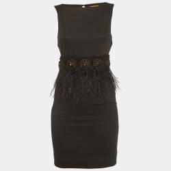 Pre Owned Alice + Olivia Black Feather Trim Crepe Marigay Rosette Mini Dress XS