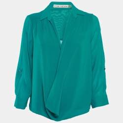 Pre Owned Alice + Olivia Teal Blue Silk Draped Blouse S