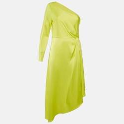 Pre Owned Alice + Olivia Neon Yellow Satin Dora Asymmetrical Dress L