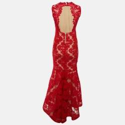 Pre Owned Alice + Olivia Red Floral Lace Sleeveless Gown M