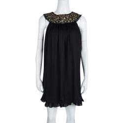 Pre Owned Alice + Olivia Black Embellished Neck Detail Sleeveless Silk Trapeze Dress XS