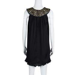 Pre Owned Alice + Olivia Black Embellished Neck Detail Sleeveless Silk Trapeze Dress XS