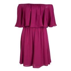 Pre Owned Alice + Olivia Cranberry Silk Dora Ruffled Off Shoulder Dress S