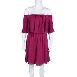 Pre Owned Alice + Olivia Cranberry Silk Dora Ruffled Off Shoulder Dress S