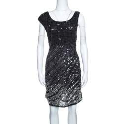 Pre Owned Alice + Olivia Black and Silver Sequin Embellished Sleeveless Charlie Dress L
