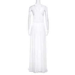 Pre Owned Alice + Olivia White Plisse Plunge Neck Naomi Goddess Gown S