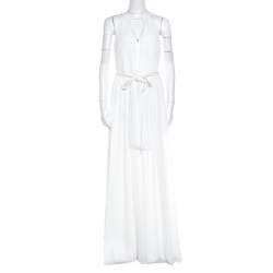 Pre Owned Alice + Olivia White Plisse Plunge Neck Naomi Goddess Gown S