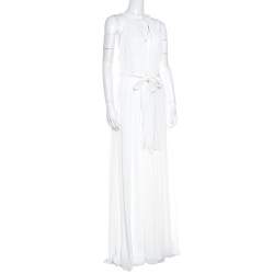Pre Owned Alice + Olivia White Plisse Plunge Neck Naomi Goddess Gown S