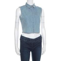 Alice + Olivia Indigo Faded Effect Denim Sleeveless Lea Cropped Blouse S