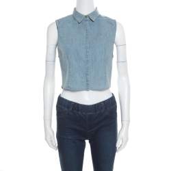 Alice + Olivia Indigo Faded Effect Denim Sleeveless Lea Cropped Blouse S