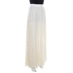 Pre Owned Alice + Olivia Cream Floral Embroidered Plisse Silk Louie Maxi Skirt S