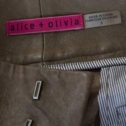 Pre Owned Alice + Olivia Taupe Green Leather Cuffed Shorts S