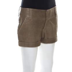 Pre Owned Alice + Olivia Taupe Green Leather Cuffed Shorts S