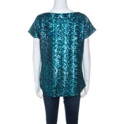 Alice + Olivia Teal Blue & Black Sequinned Cap Sleeves Top L