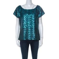 Alice + Olivia Teal Blue & Black Sequinned Cap Sleeves Top L